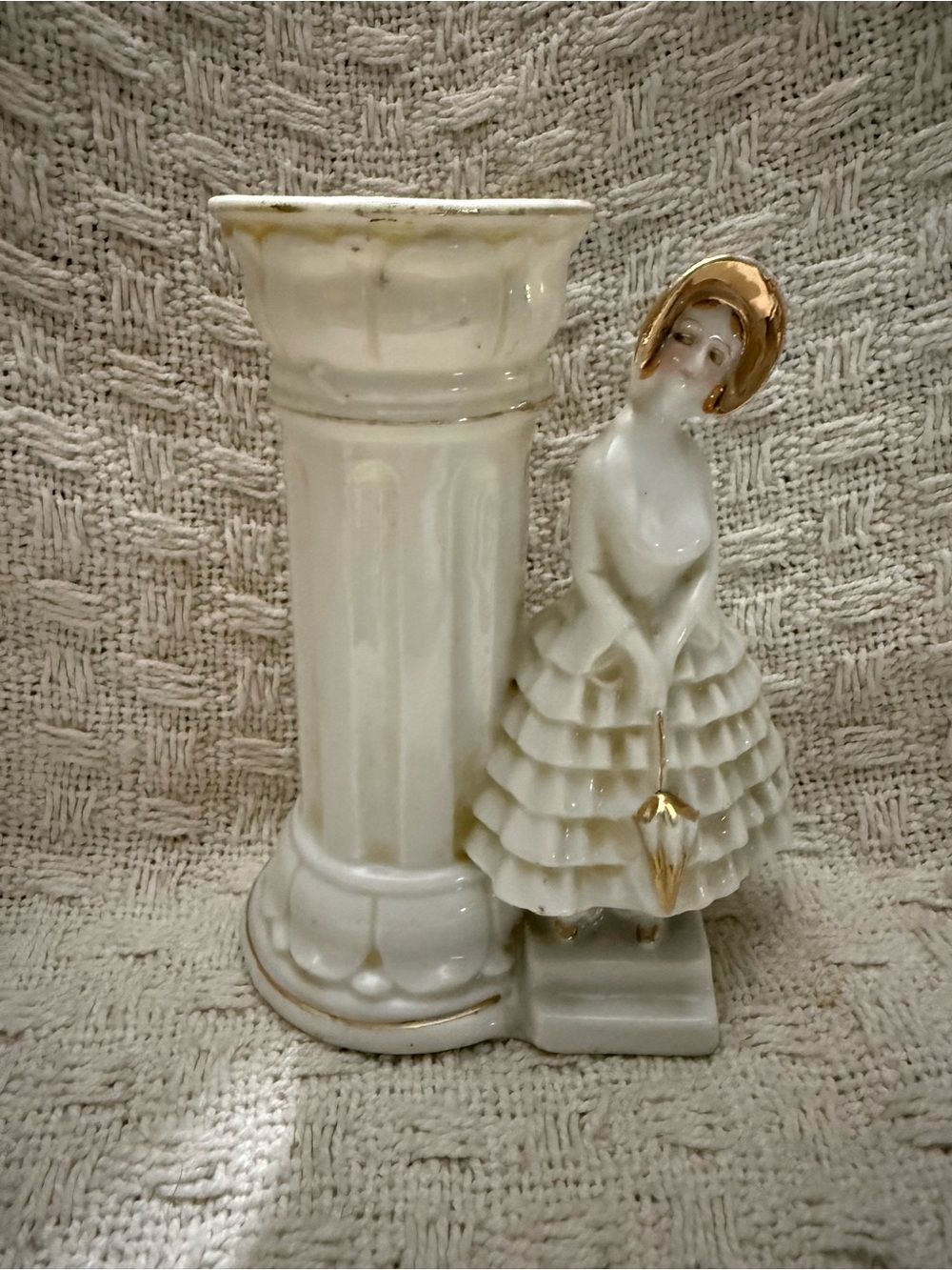 Vintage White Porcelain hat pin holder Figurine with Gold Accents